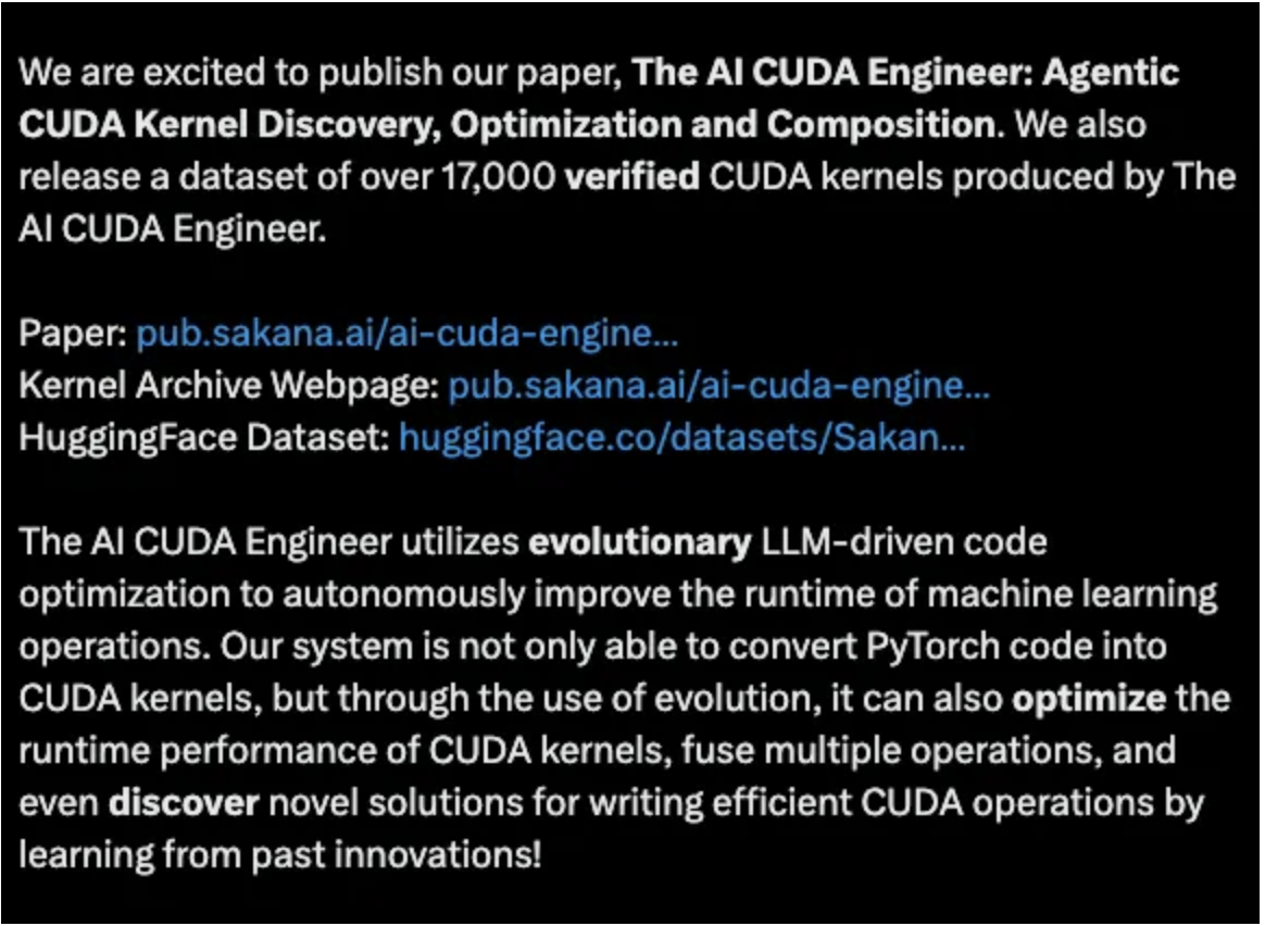Sakana Labs announcement about The AI CUDA Engineer paper and dataset of 17,000 verified CUDA kernels
